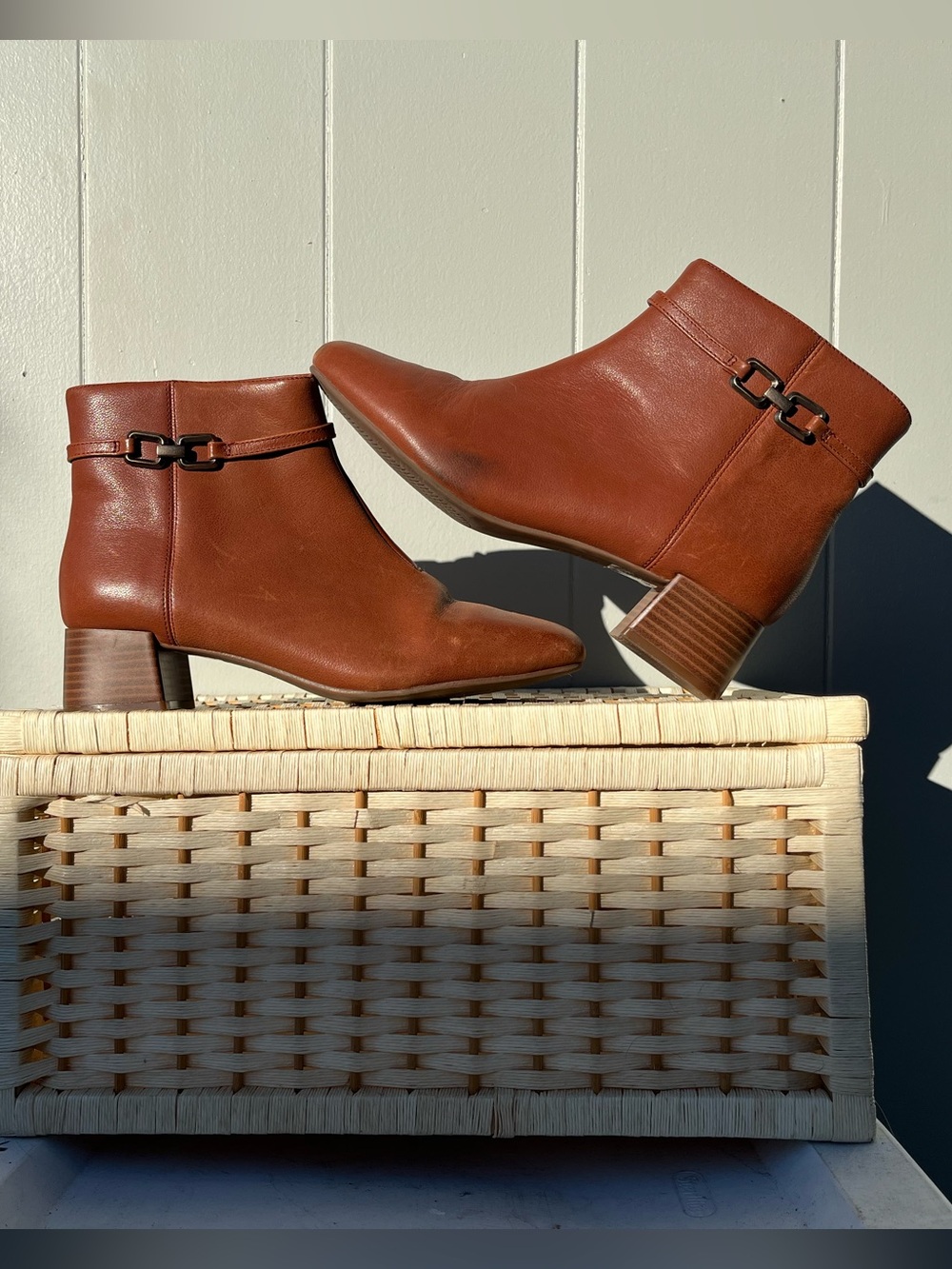Clarks Chestnut Leather Ankle Booties with Block Heel